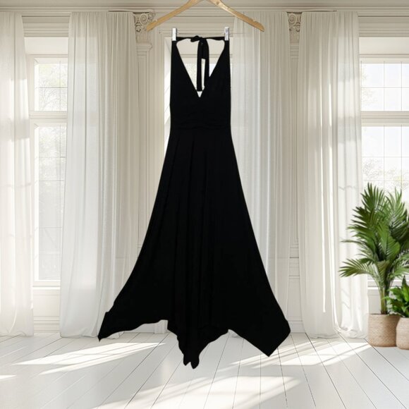 BCBGMAXAZRIA Black Handkerchief Halter Dress – Asymmetrical Hem, Low Back - Picture 1 of 15